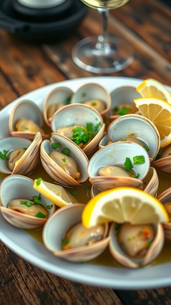 Garlic butter clams in shells, garnished with parsley and served with lemon on a rustic table.